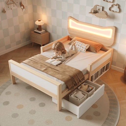 Cama infantil 90x200 cm - cabeceira com orelhas de gato, iluminação LED RGB, base de colchão, gaveta e espaço de arrumação reversível, grades de segurança - branco e carvalho Cama infantil 90x200 cm - cabeceira com orelhas de gato, iluminação LED RGB, base de colchão, gaveta e espaço de arrumação reversível, grades de segurança - branco e carvalho