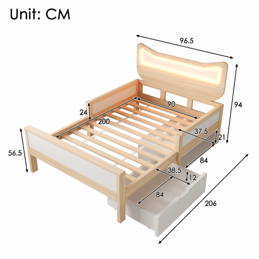 Cama infantil 90x200 cm - cabeceira com orelhas de gato, iluminação LED RGB, base de colchão, gaveta e espaço de arrumação reversível, grades de segurança - branco e carvalho Cama infantil 90x200 cm - cabeceira com orelhas de gato, iluminação LED RGB, base de colchão, gaveta e espaço de arrumação reversível, grades de segurança - branco e carvalho