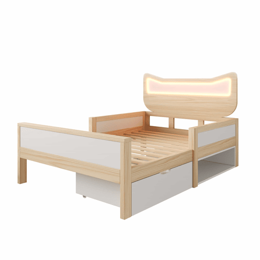 Cama infantil 90x200 cm - cabeceira com orelhas de gato, iluminação LED RGB, base de colchão, gaveta e espaço de arrumação reversível, grades de segurança - branco e carvalho Cama infantil 90x200 cm - cabeceira com orelhas de gato, iluminação LED RGB, base de colchão, gaveta e espaço de arrumação reversível, grades de segurança - branco e carvalho