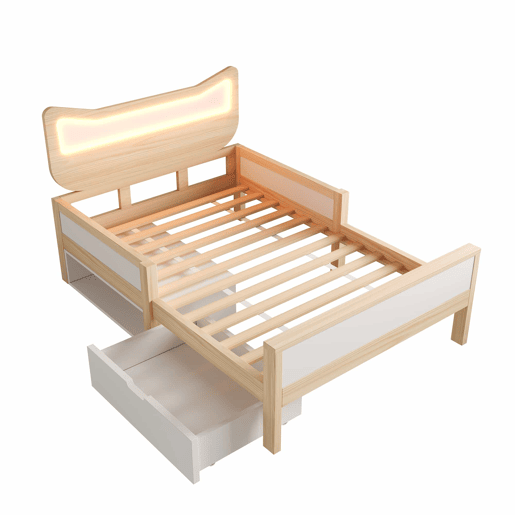 Cama infantil 90x200 cm - cabeceira com orelhas de gato, iluminação LED RGB, base de colchão, gaveta e espaço de arrumação reversível, grades de segurança - branco e carvalho Cama infantil 90x200 cm - cabeceira com orelhas de gato, iluminação LED RGB, base de colchão, gaveta e espaço de arrumação reversível, grades de segurança - branco e carvalho