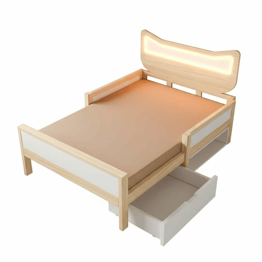 Cama infantil 90x200 cm - cabeceira com orelhas de gato, iluminação LED RGB, base de colchão, gaveta e espaço de arrumação reversível, grades de segurança - branco e carvalho Cama infantil 90x200 cm - cabeceira com orelhas de gato, iluminação LED RGB, base de colchão, gaveta e espaço de arrumação reversível, grades de segurança - branco e carvalho