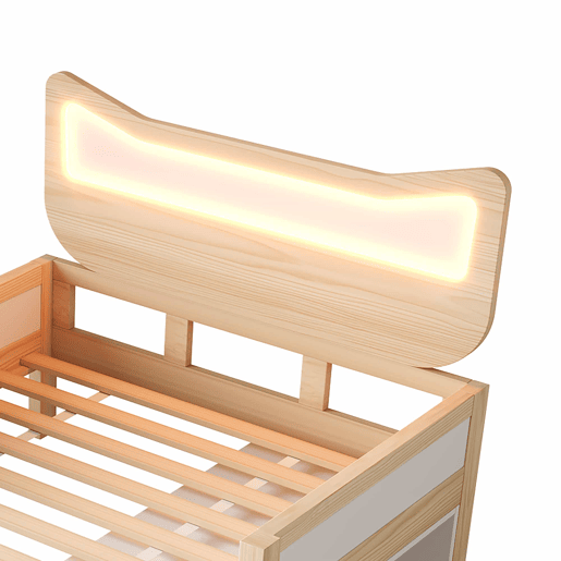 Cama infantil 90x200 cm - cabeceira com orelhas de gato, iluminação LED RGB, base de colchão, gaveta e espaço de arrumação reversível, grades de segurança - branco e carvalho Cama infantil 90x200 cm - cabeceira com orelhas de gato, iluminação LED RGB, base de colchão, gaveta e espaço de arrumação reversível, grades de segurança - branco e carvalho