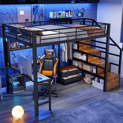 Cama alta 140 x 200 cm - estrutura em ferro com secretária, 2 gavetas, grelha para pendurar objetos, faixa de LED, escadas com espaço de arrumação - preto
