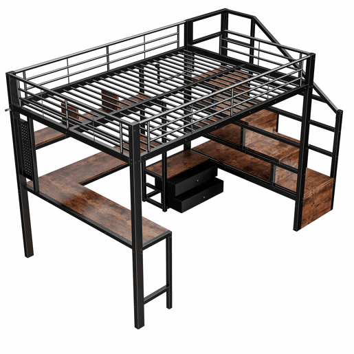 Cama alta 140 x 200 cm - estrutura em ferro com secretária, 2 gavetas, grelha para pendurar objetos, faixa de LED, escadas com espaço de arrumação - preto