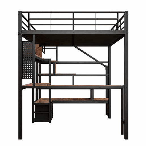 Cama alta 140 x 200 cm - estrutura em ferro com secretária, 2 gavetas, grelha para pendurar objetos, faixa de LED, escadas com espaço de arrumação - preto