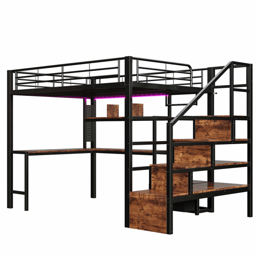 Cama alta 140 x 200 cm - estrutura em ferro com secretária, 2 gavetas, grelha para pendurar objetos, faixa de LED, escadas com espaço de arrumação - preto