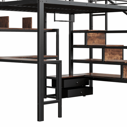 Cama alta 140 x 200 cm - estrutura em ferro com secretária, 2 gavetas, grelha para pendurar objetos, faixa de LED, escadas com espaço de arrumação - preto