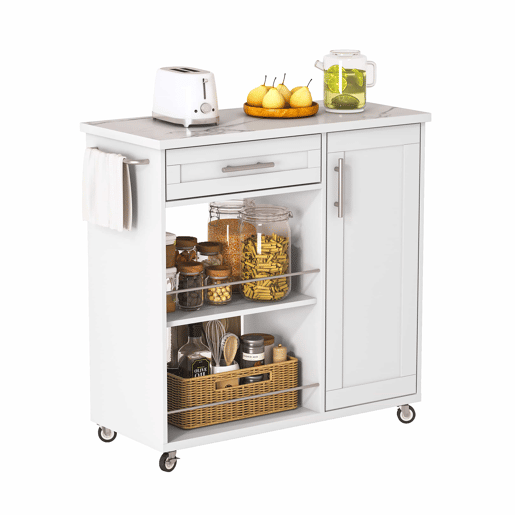 Carrinho de cozinha 90x40x90 cm - com bancada com efeito de mármore, gaveta, armário e prateleiras abertas, rodas com travão e toalheiro - branco