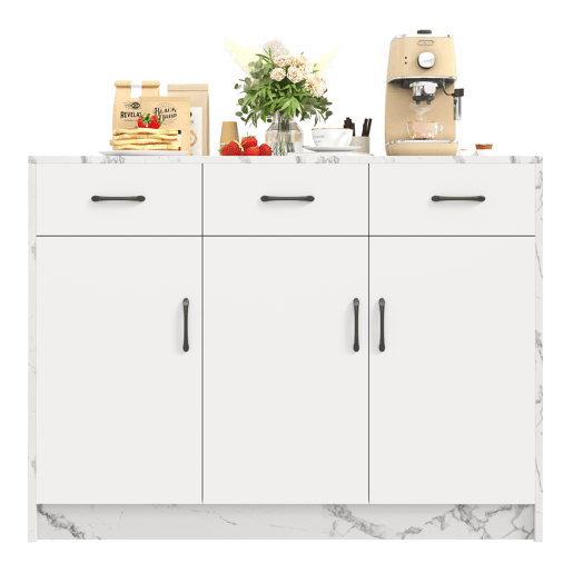 Ilha de cozinha grande 120x60x90,5 cm - 3 gavetas, 3 portas, design em mármore branco, prateleiras ajustáveis, gavetas silenciosas, zona de bar - Branco