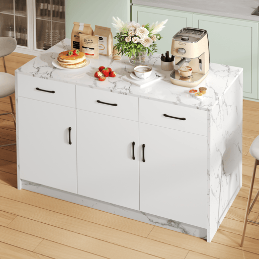 Ilha de cozinha grande 120x60x90,5 cm - 3 gavetas, 3 portas, design em mármore branco, prateleiras ajustáveis, gavetas silenciosas, zona de bar - Branco
