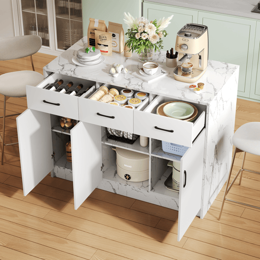 Ilha de cozinha grande 120x60x90,5 cm - 3 gavetas, 3 portas, design em mármore branco, prateleiras ajustáveis, gavetas silenciosas, zona de bar - Branco