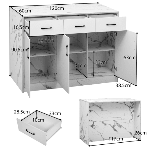 Ilha de cozinha grande 120x60x90,5 cm - 3 gavetas, 3 portas, design em mármore branco, prateleiras ajustáveis, gavetas silenciosas, zona de bar - Branco