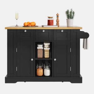 Mesa de cozinha móvel 132 cm - Estilo rústico, superfície dobrável, armário multifuncional, gaveta, prateleira para especiarias, toalheiro, 5 rodas, tomada integrada - Natural+Preto