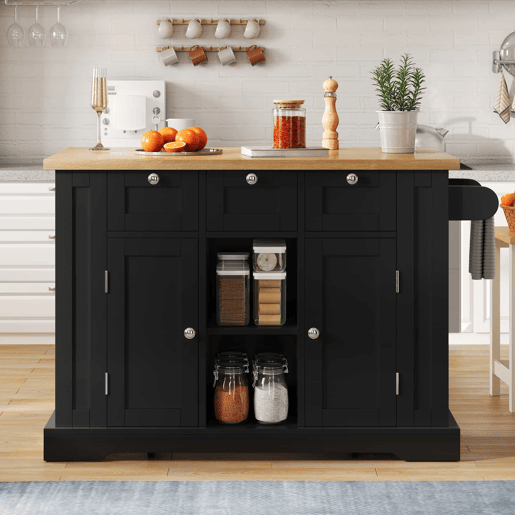 Mesa de cozinha móvel 132 cm - Estilo rústico, superfície dobrável, armário multifuncional, gaveta, prateleira para especiarias, toalheiro, 5 rodas, tomada integrada - Natural+Preto