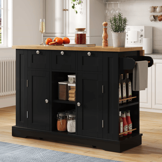 Mesa de cozinha móvel 132 cm - Estilo rústico, superfície dobrável, armário multifuncional, gaveta, prateleira para especiarias, toalheiro, 5 rodas, tomada integrada - Natural+Preto
