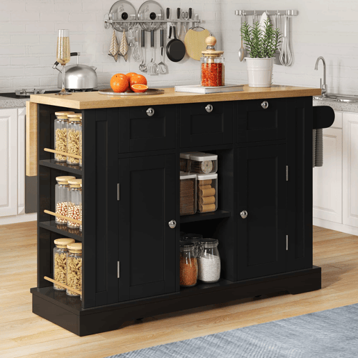 Mesa de cozinha móvel 132 cm - Estilo rústico, superfície dobrável, armário multifuncional, gaveta, prateleira para especiarias, toalheiro, 5 rodas, tomada integrada - Natural+Preto