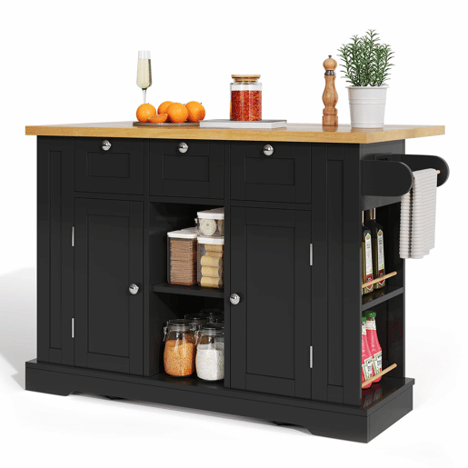 Mesa de cozinha móvel 132 cm - Estilo rústico, superfície dobrável, armário multifuncional, gaveta, prateleira para especiarias, toalheiro, 5 rodas, tomada integrada - Natural+Preto