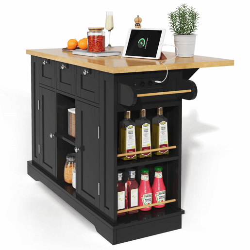 Mesa de cozinha móvel 132 cm - Estilo rústico, superfície dobrável, armário multifuncional, gaveta, prateleira para especiarias, toalheiro, 5 rodas, tomada integrada - Natural+Preto