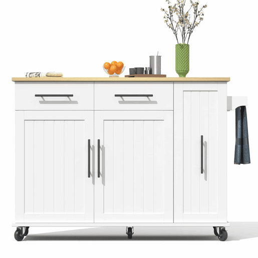 Ilha de cozinha 120 cm - com tampo rebatível, carrinho de armazenamento com 3 prateleiras removíveis, rack interno, carrinho móvel com toalheiro e 2 gavetas - Branco+Natural
