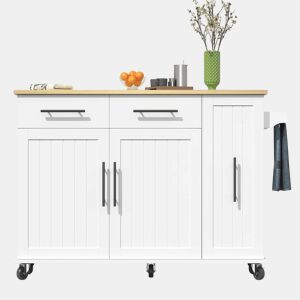 Ilha de cozinha 120 cm - com tampo rebatível, carrinho de armazenamento com 3 prateleiras removíveis, rack interno, carrinho móvel com toalheiro e 2 gavetas - Branco+Natural