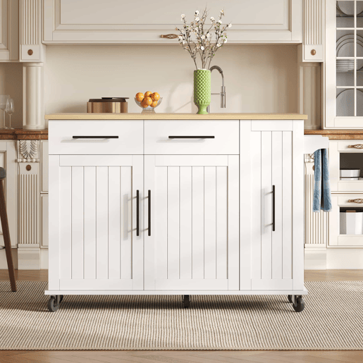 Ilha de cozinha 120 cm - com tampo rebatível, carrinho de armazenamento com 3 prateleiras removíveis, rack interno, carrinho móvel com toalheiro e 2 gavetas - Branco+Natural