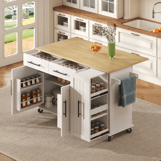 Ilha de cozinha 120 cm - com tampo rebatível, carrinho de armazenamento com 3 prateleiras removíveis, rack interno, carrinho móvel com toalheiro e 2 gavetas - Branco+Natural