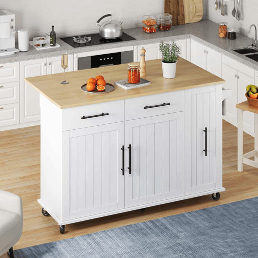 Ilha de cozinha 120 cm - com tampo rebatível, carrinho de armazenamento com 3 prateleiras removíveis, rack interno, carrinho móvel com toalheiro e 2 gavetas - Branco+Natural