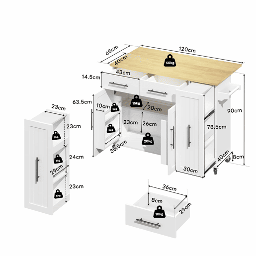 Ilha de cozinha 120 cm - com tampo rebatível, carrinho de armazenamento com 3 prateleiras removíveis, rack interno, carrinho móvel com toalheiro e 2 gavetas - Branco+Natural