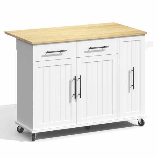 Ilha de cozinha 120 cm - com tampo rebatível, carrinho de armazenamento com 3 prateleiras removíveis, rack interno, carrinho móvel com toalheiro e 2 gavetas - Branco+Natural