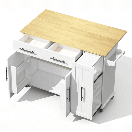 Ilha de cozinha 120 cm - com tampo rebatível, carrinho de armazenamento com 3 prateleiras removíveis, rack interno, carrinho móvel com toalheiro e 2 gavetas - Branco+Natural