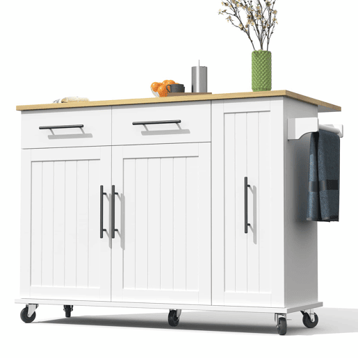 Ilha de cozinha 120 cm - com tampo rebatível, carrinho de armazenamento com 3 prateleiras removíveis, rack interno, carrinho móvel com toalheiro e 2 gavetas - Branco+Natural