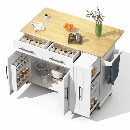 Ilha de cozinha 120 cm - com tampo rebatível, carrinho de armazenamento com 3 prateleiras removíveis, rack interno, carrinho móvel com toalheiro e 2 gavetas - Branco+Natural
