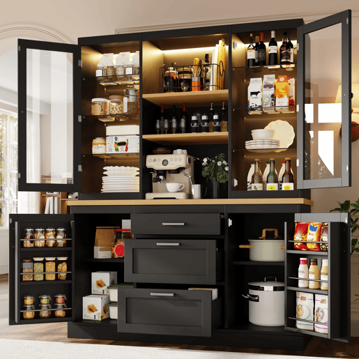 Armário de cozinha 185 x 140 x 40 cm - iluminação LED controlada por aplicação, 3 gavetas, bancada, prateleiras ajustáveis - Preto Armário de cozinha 185 x 140 x 40 cm - iluminação LED controlada por aplicação, 3 gavetas, bancada, prateleiras ajustáveis - Preto