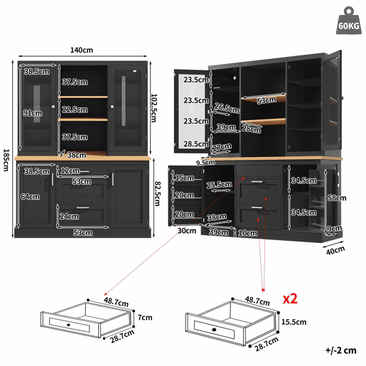 Armário de cozinha 185 x 140 x 40 cm - iluminação LED controlada por aplicação, 3 gavetas, bancada, prateleiras ajustáveis - Preto Armário de cozinha 185 x 140 x 40 cm - iluminação LED controlada por aplicação, 3 gavetas, bancada, prateleiras ajustáveis - Preto