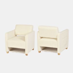 Conjunto de 2 Poltronas Estofadas com Assento Largo e Apoios de Braços, em Veludo Cotelê, Pés em Madeira Maciça, Bege