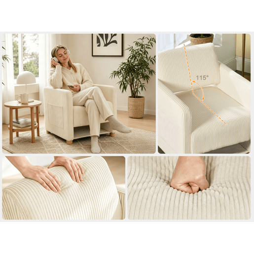 Conjunto de 2 Poltronas Estofadas com Assento Largo e Apoios de Braços, em Veludo Cotelê, Pés em Madeira Maciça, Bege Conjunto de 2 Poltronas Estofadas com Assento Largo e Apoios de Braços, em Veludo Cotelê, Pés em Madeira Maciça, Bege