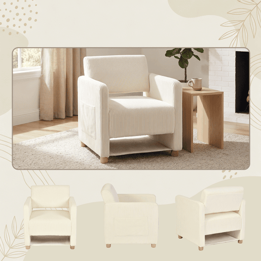 Conjunto de 2 Poltronas Estofadas com Assento Largo e Apoios de Braços, em Veludo Cotelê, Pés em Madeira Maciça, Bege Conjunto de 2 Poltronas Estofadas com Assento Largo e Apoios de Braços, em Veludo Cotelê, Pés em Madeira Maciça, Bege