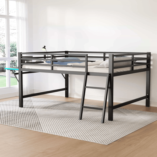 Cama baixa 140x200 cm - Metal, sem colchão, grade de proteção, escada, secretária, faixa de LED - Preta