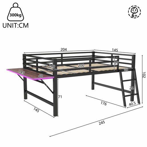 Cama baixa 140x200 cm - Metal, sem colchão, grade de proteção, escada, secretária, faixa de LED - Preta
