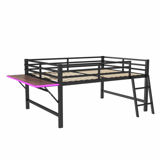 Cama baixa 140x200 cm - Metal, sem colchão, grade de proteção, escada, secretária, faixa de LED - Preta