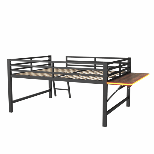 Cama baixa 140x200 cm - Metal, sem colchão, grade de proteção, escada, secretária, faixa de LED - Preta