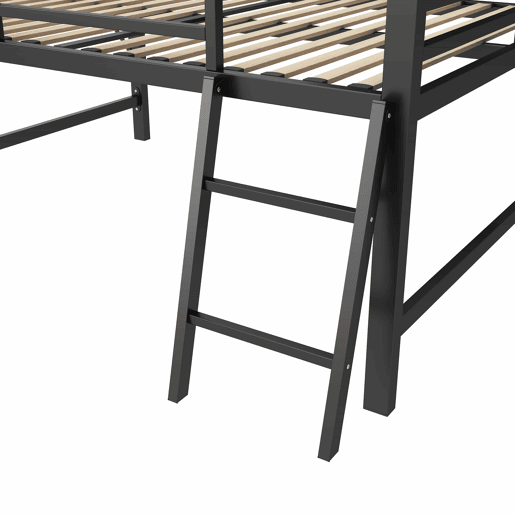 Cama baixa 140x200 cm - Metal, sem colchão, grade de proteção, escada, secretária, faixa de LED - Preta