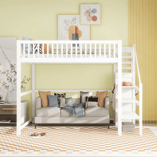 Cama mezzanine em madeira 140x200cm - com roupeiro - Branco