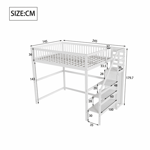 Cama mezzanine em madeira 140x200cm - com roupeiro - Branco