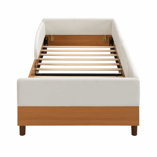Cama individual estofada 90x200 cm - design em veludo e madeira com 2 bolsos de arrumação, rebordo de espuma macia anti-colisão, estrutura de cama estável para quarto infantil - Branco + Natural