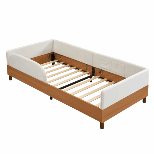 Cama individual estofada 90x200 cm - design em veludo e madeira com 2 bolsos de arrumação, rebordo de espuma macia anti-colisão, estrutura de cama estável para quarto infantil - Branco + Natural
