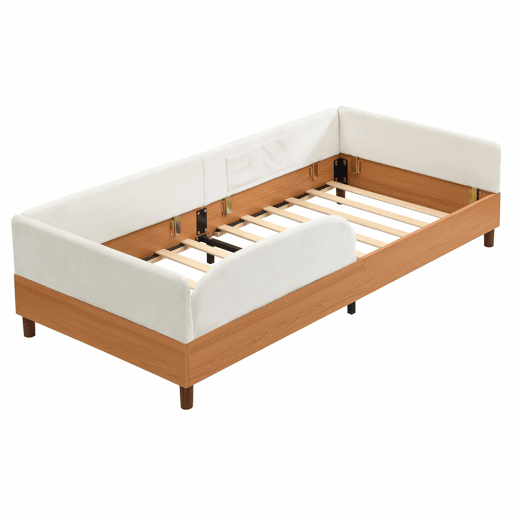 Cama individual estofada 90x200 cm - design em veludo e madeira com 2 bolsos de arrumação, rebordo de espuma macia anti-colisão, estrutura de cama estável para quarto infantil - Branco + Natural