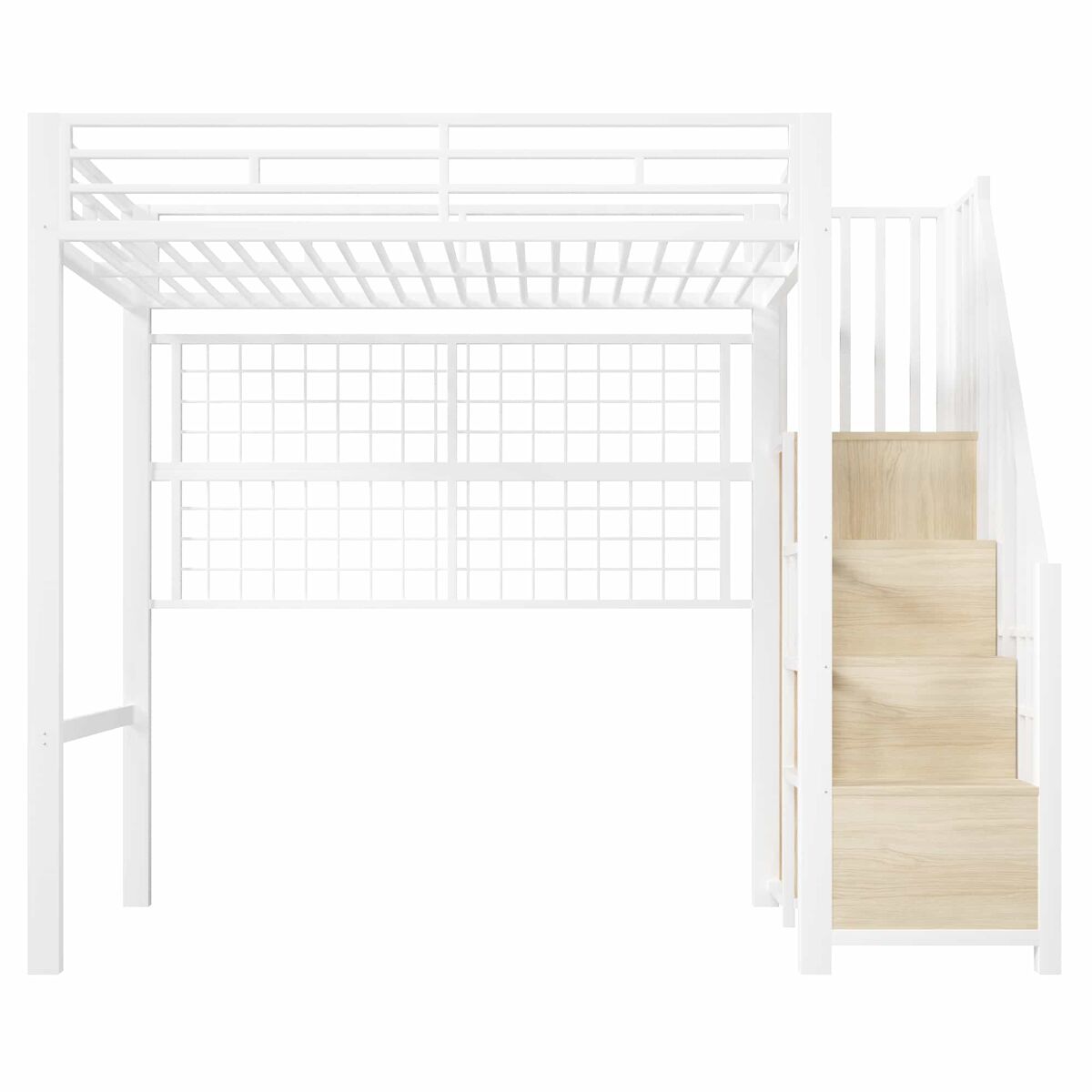 Cama alta 90x200 cm - estructura de hierro, armario integrado, escalera con almacenamiento, rejilla para colgar objetos, espacio libre inferior, luces