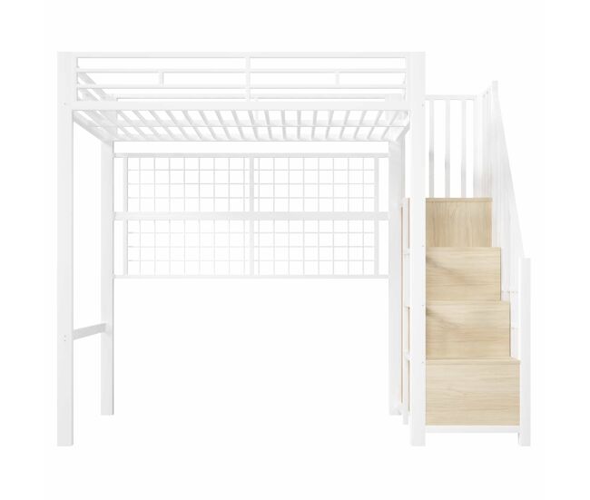 Cama alta 90x200 cm - estructura de hierro, armario integrado, escalera con almacenamiento, rejilla para colgar objetos, espacio libre inferior, luces