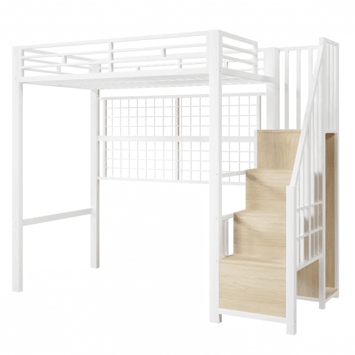 Cama alta 90x200 cm - estrutura em ferro, roupeiro integrado, escada com espaço de arrumação, grelha para pendurar objetos, espaço livre na parte inferior, luzes LED com 7 cores, sem colchão - branco